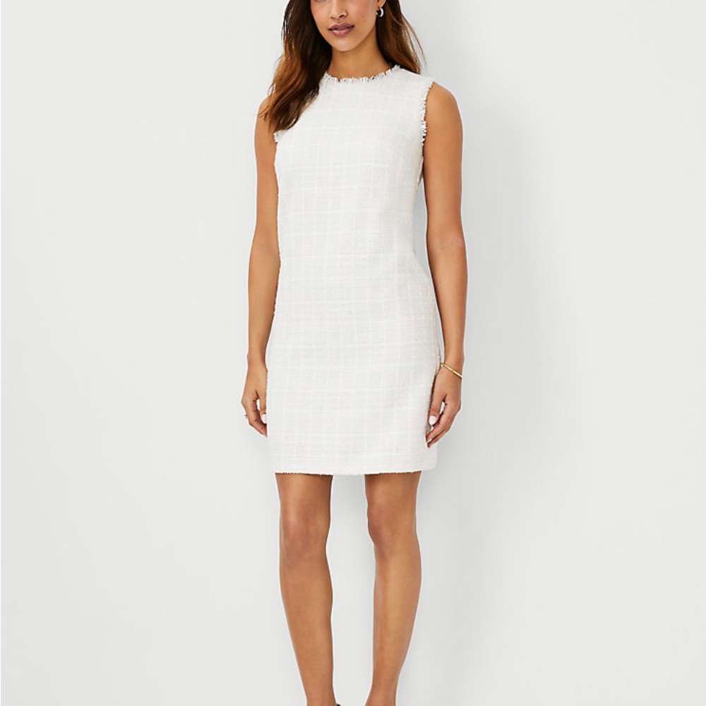 Ann Taylor Petite Fringe Tweed Dress | 00P white
